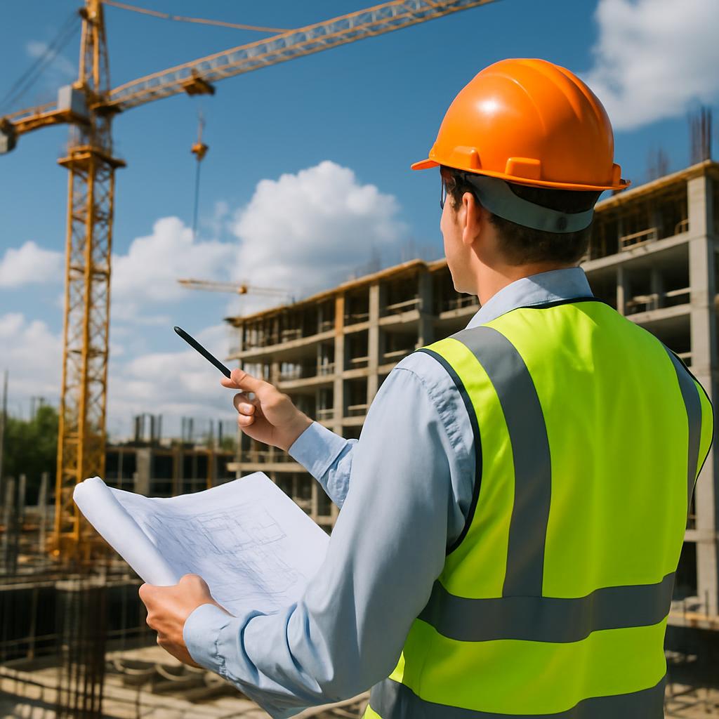 A man in a yellow safety vest and orange hard hat stands in a construction setting.