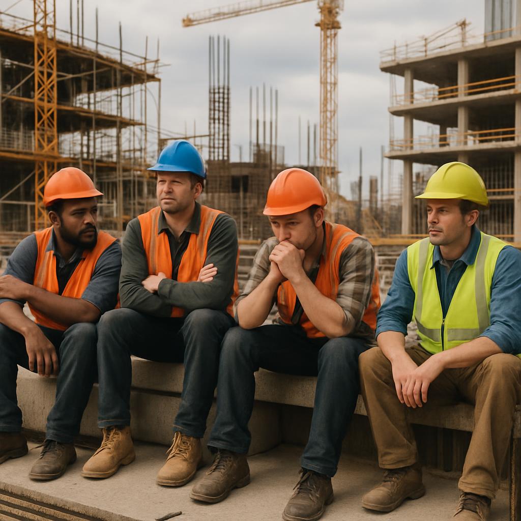 Four construction workers sitting on a concrete ledge looking dejected in front of the incomplete construction project.