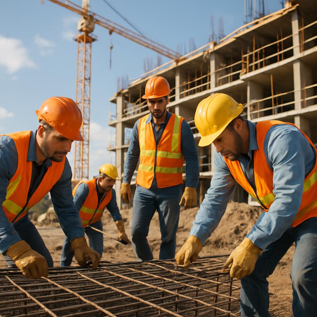 A group of construction workers placing reinforcement steel bars in a steel grillage destined for use at a construction si...