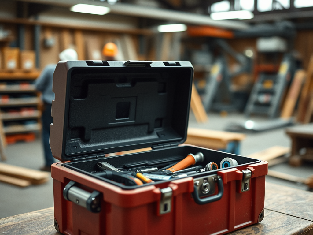 An image of an orange tool box sitting open on a wooden surface in a workshop, with tools visible.